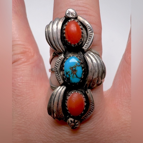 Turquoise & Coral Triple Stack Sterling Silver 925 Ring, Size 7.25 - Picture 1 of 2